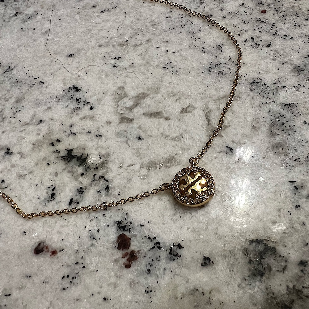 New TB Gold logo pave diamond accent Necklace Tory Burch